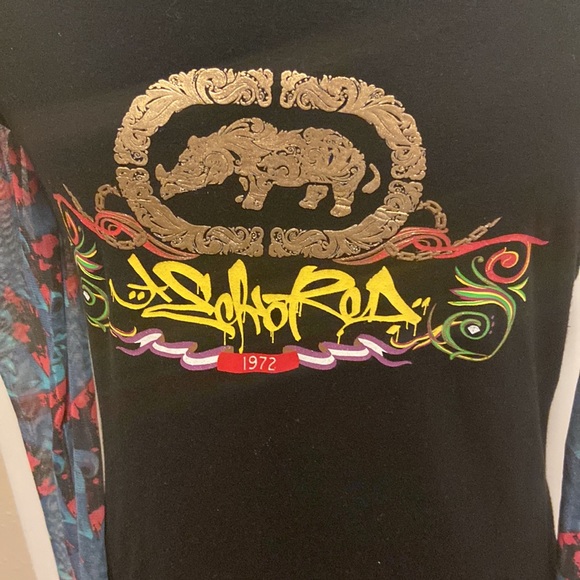 JR’s T-Shirt w/sheer tattoo faux sleeves Gold & Neon Graphic Print on front XL - Picture 2 of 7